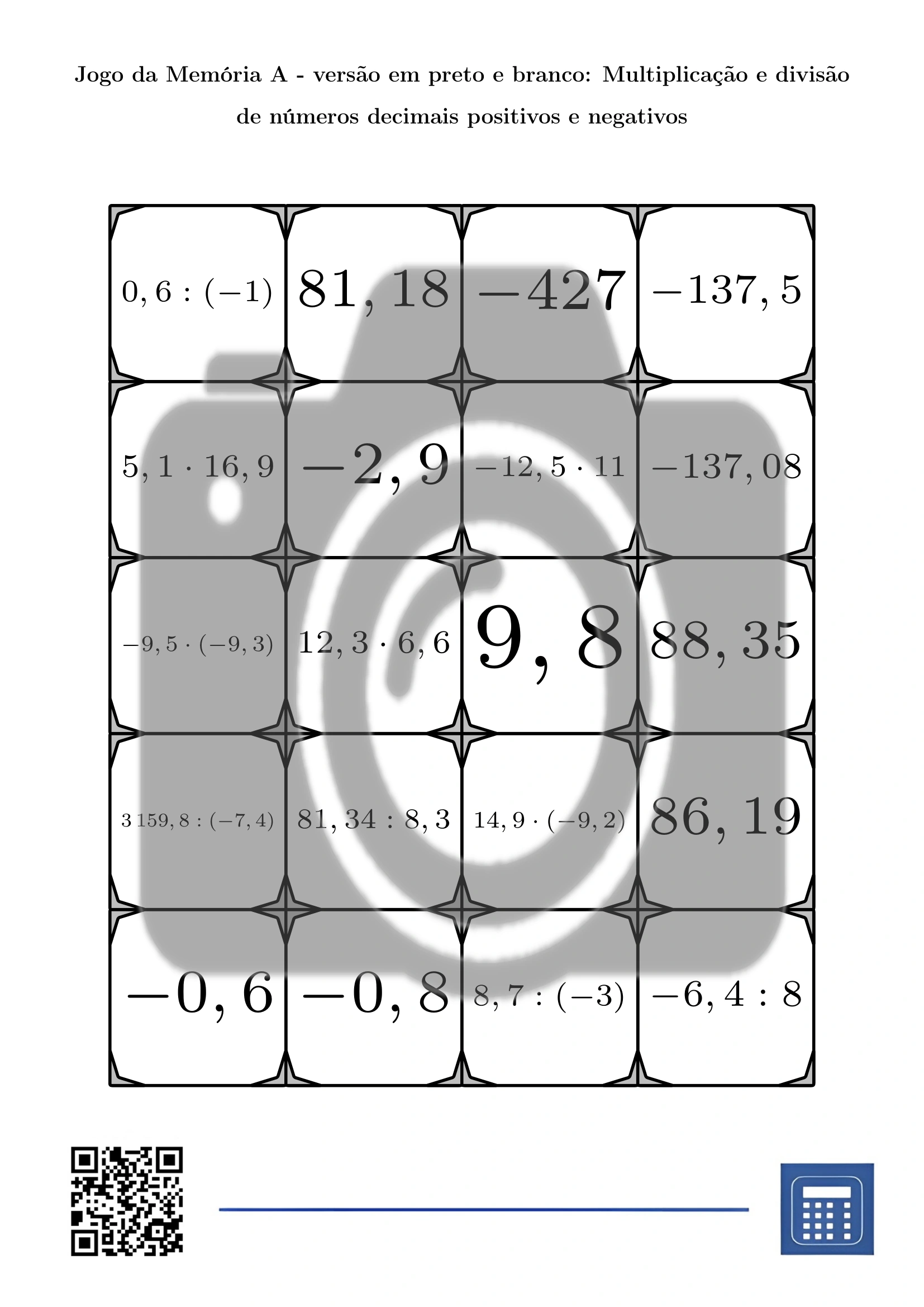 Jogo da memória: Multiplicação e divisão de números decimais positivos e negativos - Image 3