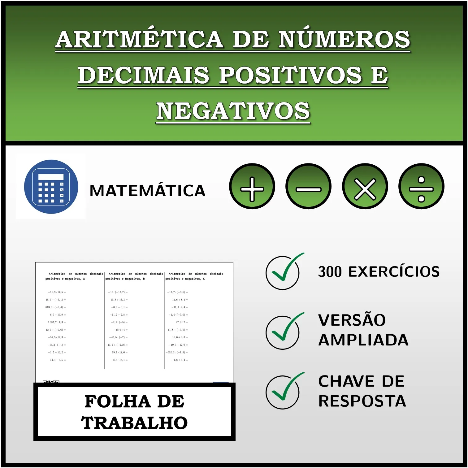 Folha de trabalho: Aritmética de números decimais positivos e negativos