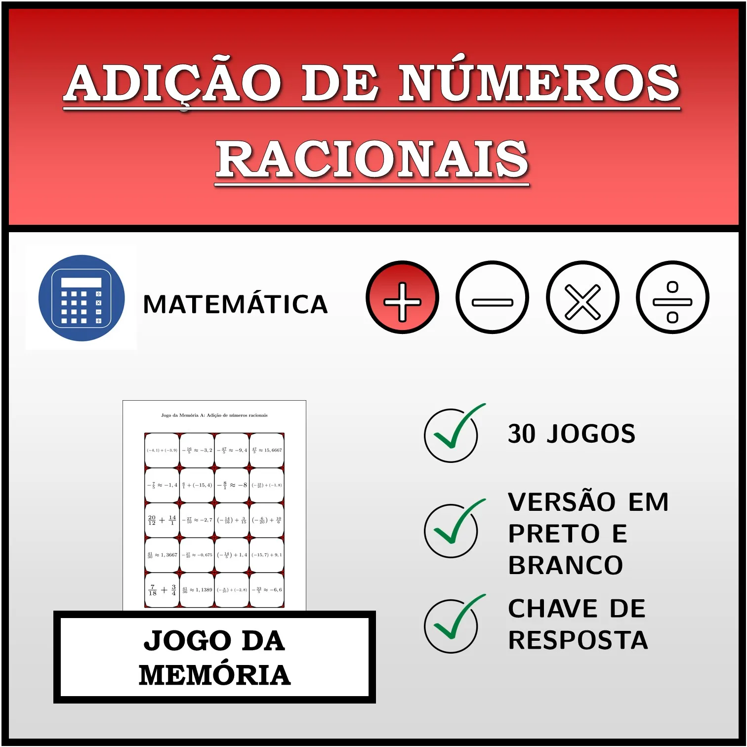 Jogo da memória: Adição de números racionais