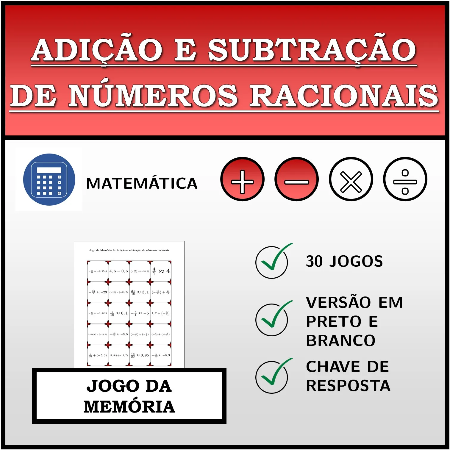 Jogo da memória: Adição e subtração de números racionais