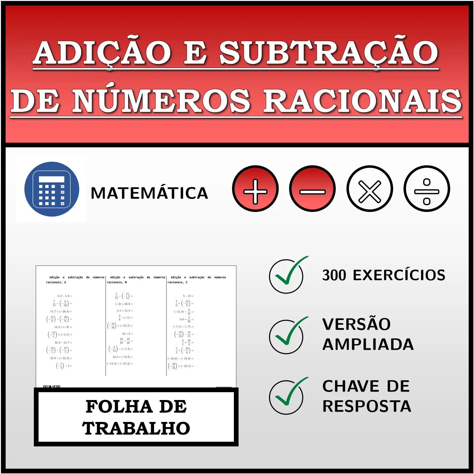 Folha de trabalho: Adição e subtração de números racionais