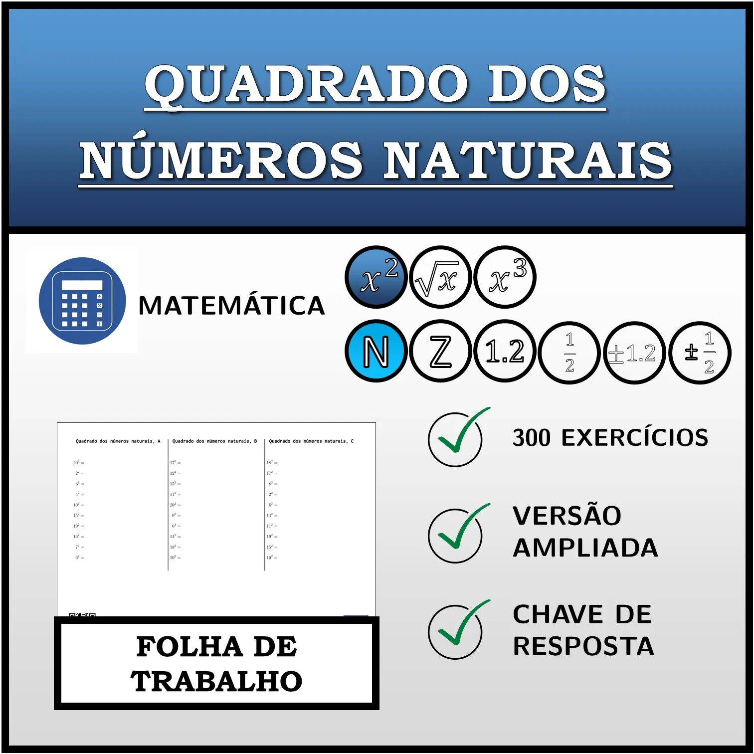 Folha de trabalho: Quadrado dos números naturais