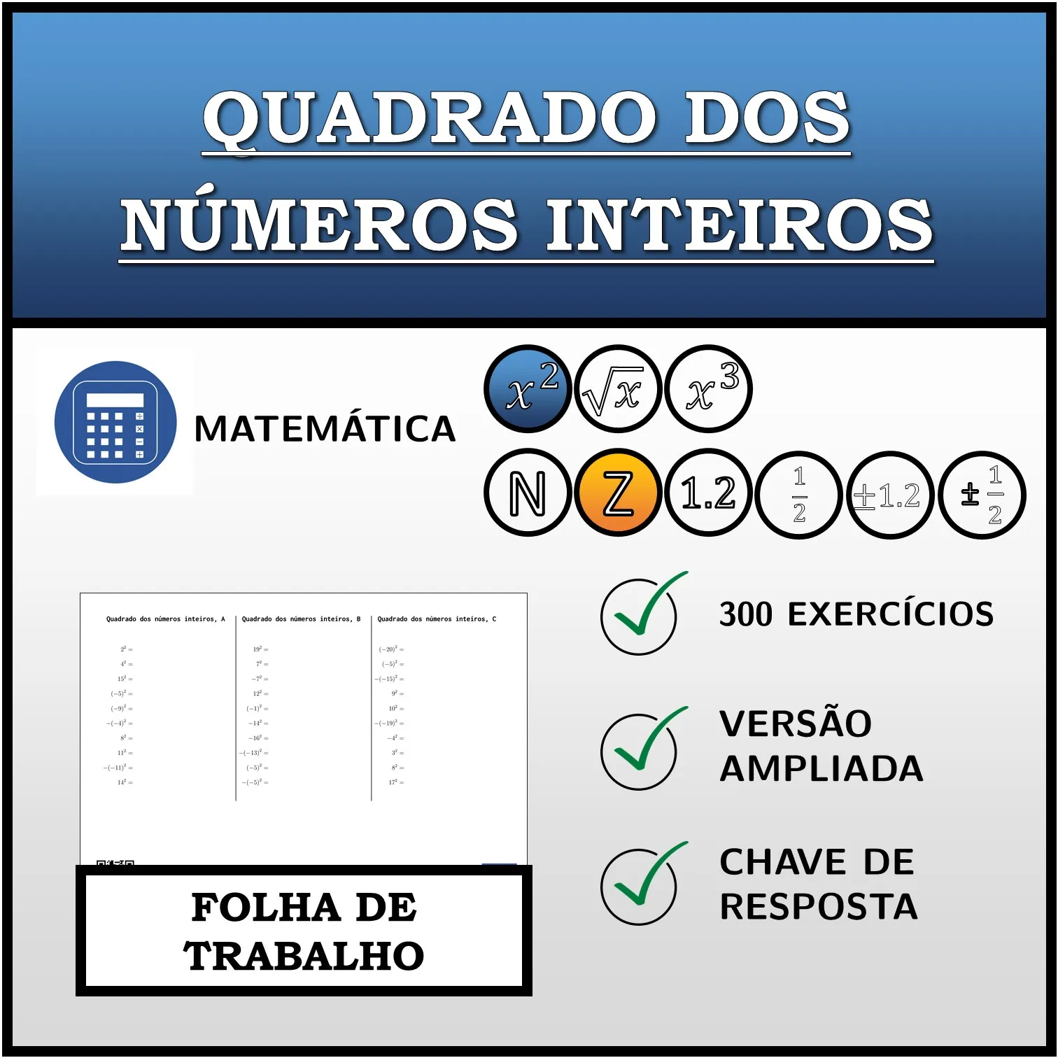 Folha de trabalho: Quadrado dos números inteiros