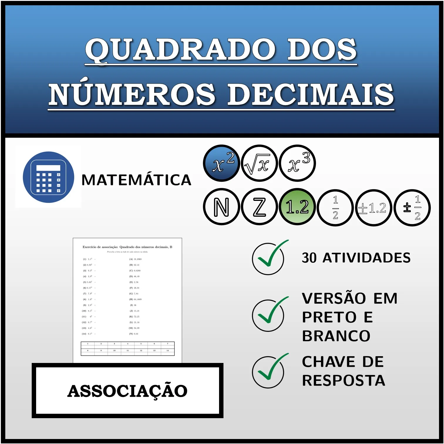 Exercício de associação: Quadrado dos números decimais