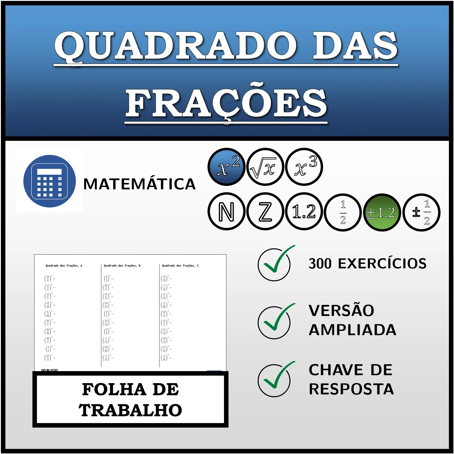 Folha de trabalho: Quadrado das frações
