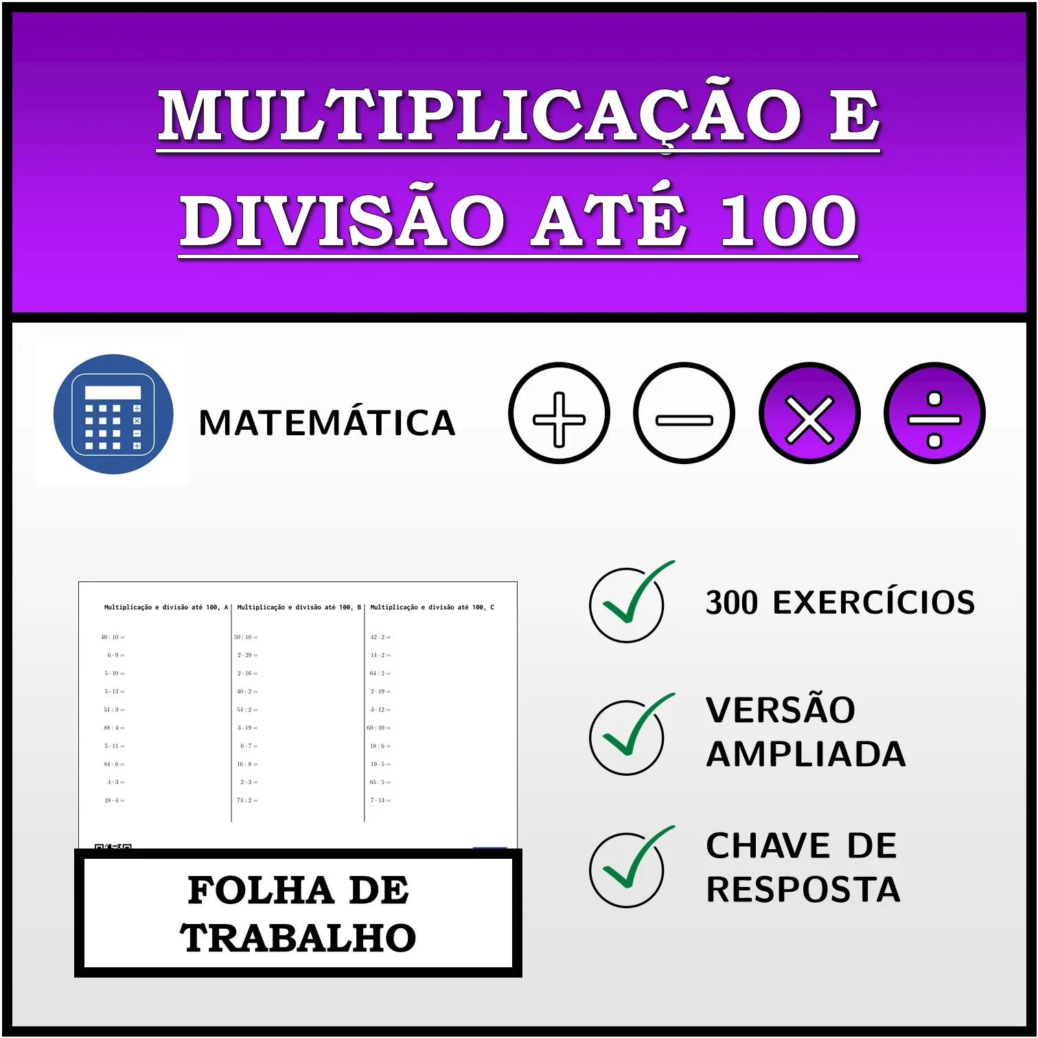 Folha de trabalho: Multiplicação e divisão até 100