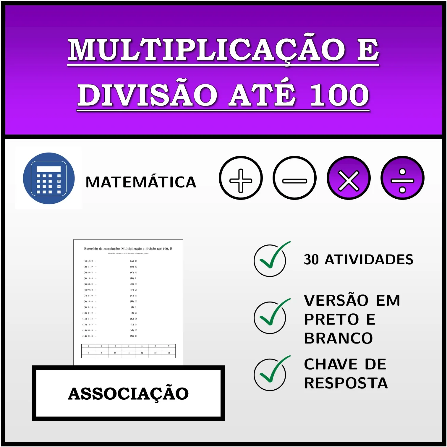 Exercício de associação: Multiplicação e divisão até 100