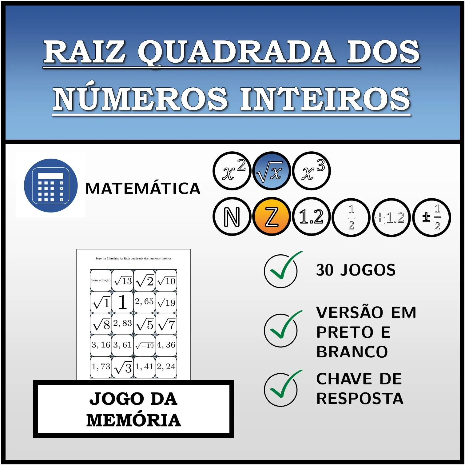 Jogo da memória: Raiz quadrada dos números inteiros
