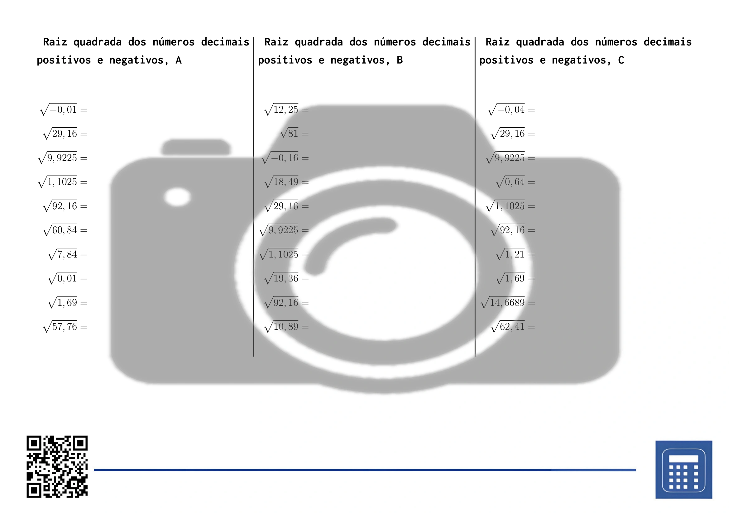 Folha de trabalho: Raiz quadrada dos números decimais positivos e negativos - Image 2