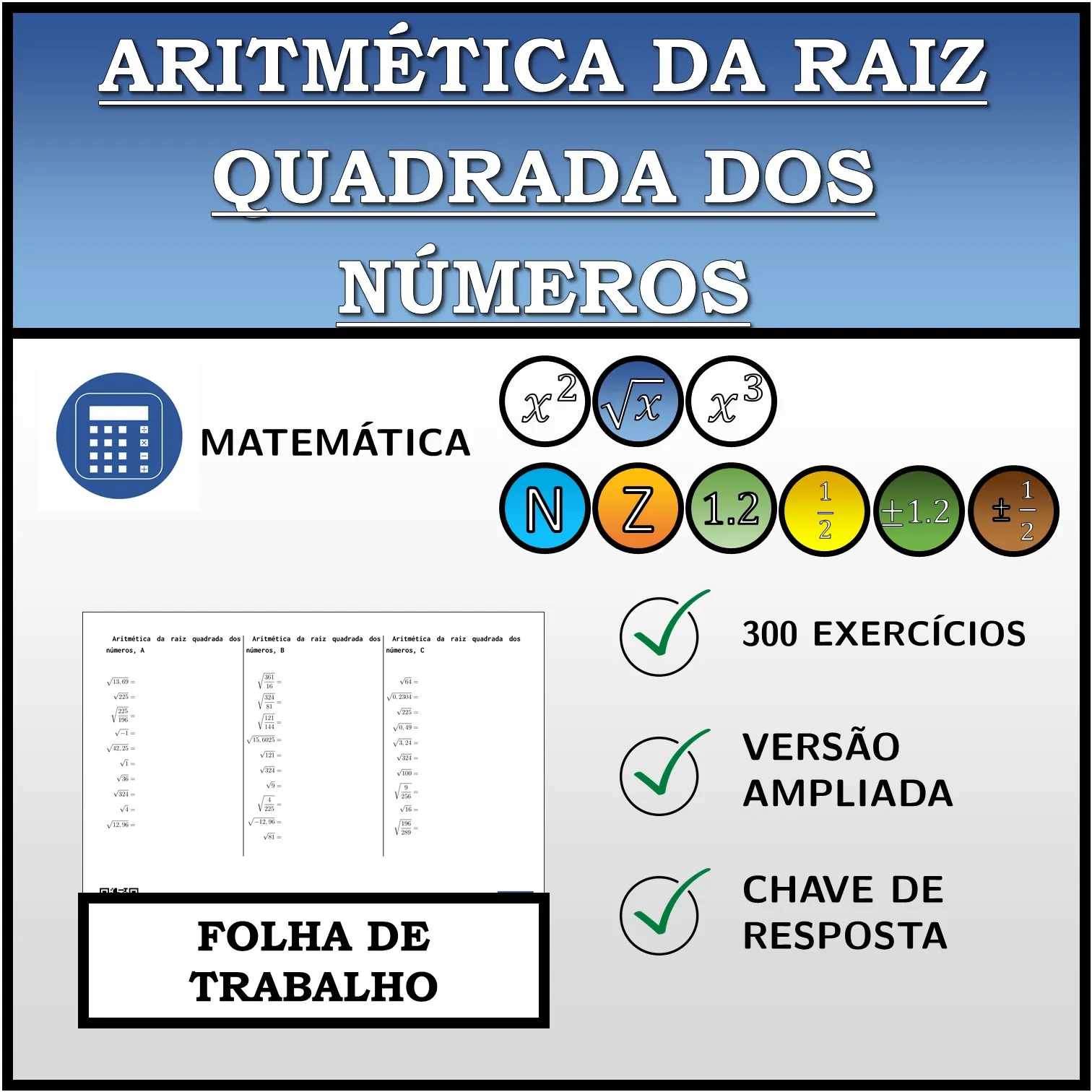 Folha de trabalho: Aritmética da raiz quadrada dos números