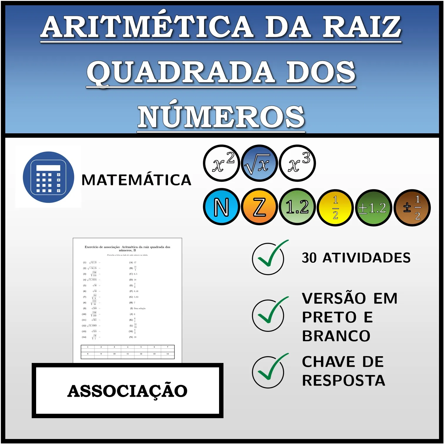 Exercício de associação: Aritmética da raiz quadrada dos números