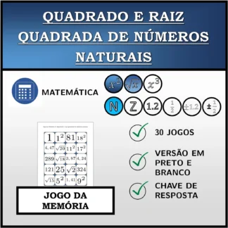 Jogo da memória: Quadrado e raiz quadrada de números naturais