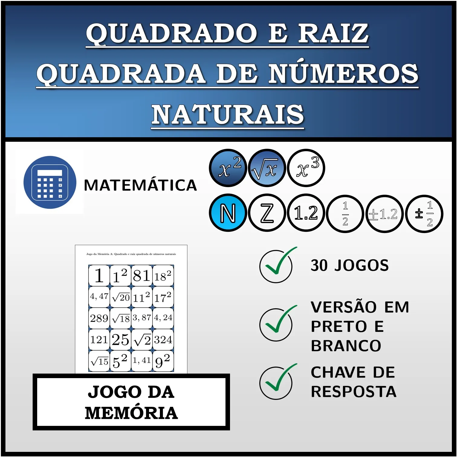 Jogo da memória: Quadrado e raiz quadrada de números naturais
