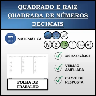 Folha de trabalho: Quadrado e raiz quadrada de números decimais