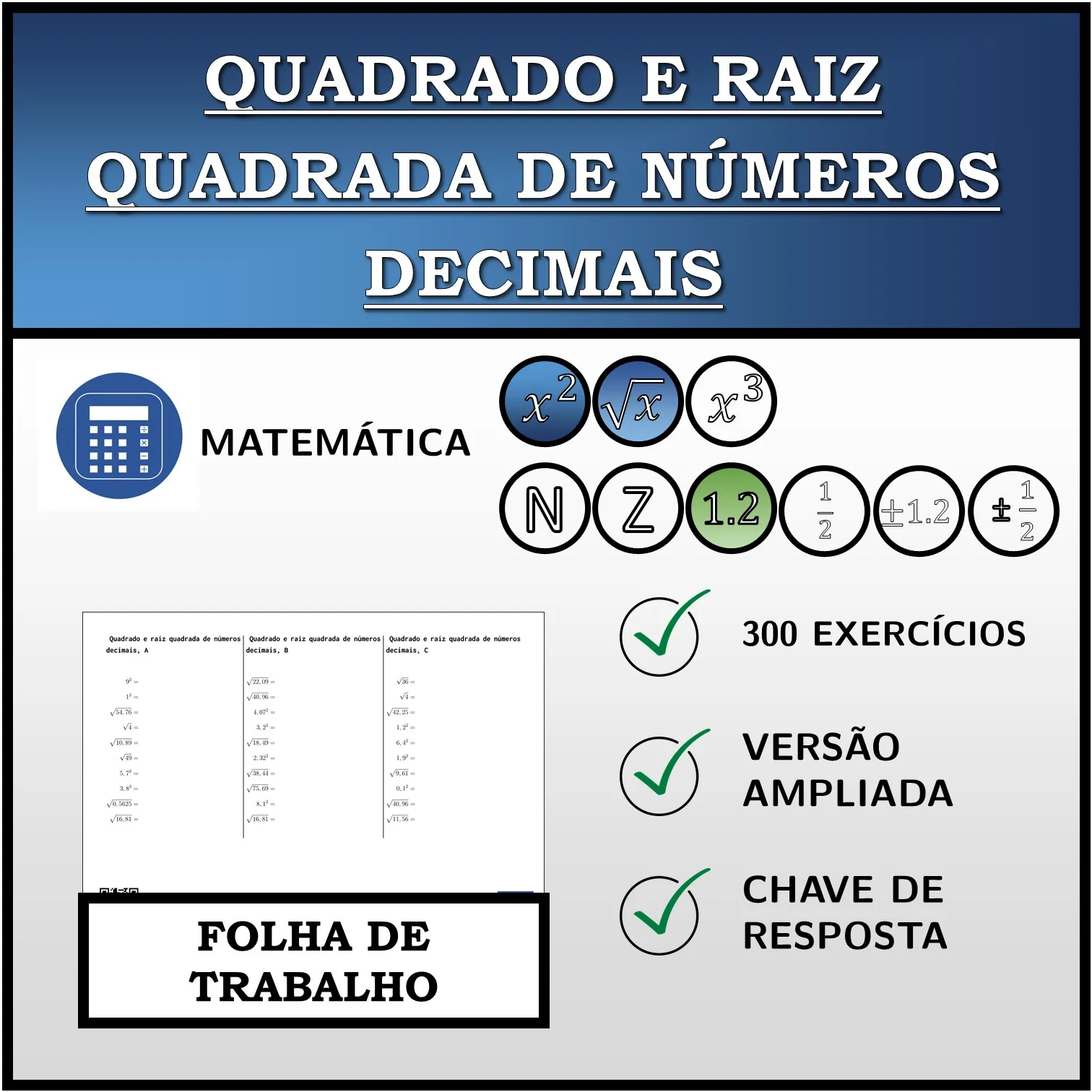 Folha de trabalho: Quadrado e raiz quadrada de números decimais