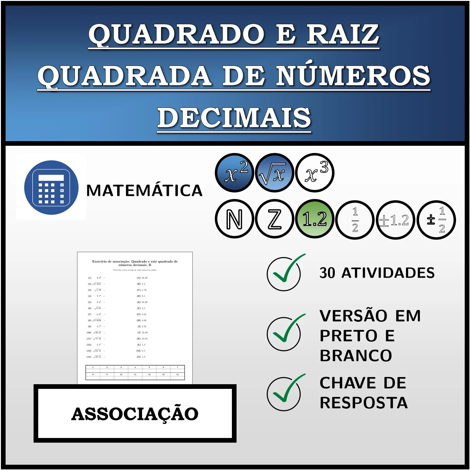 Exercício de associação: Quadrado e raiz quadrada de números decimais