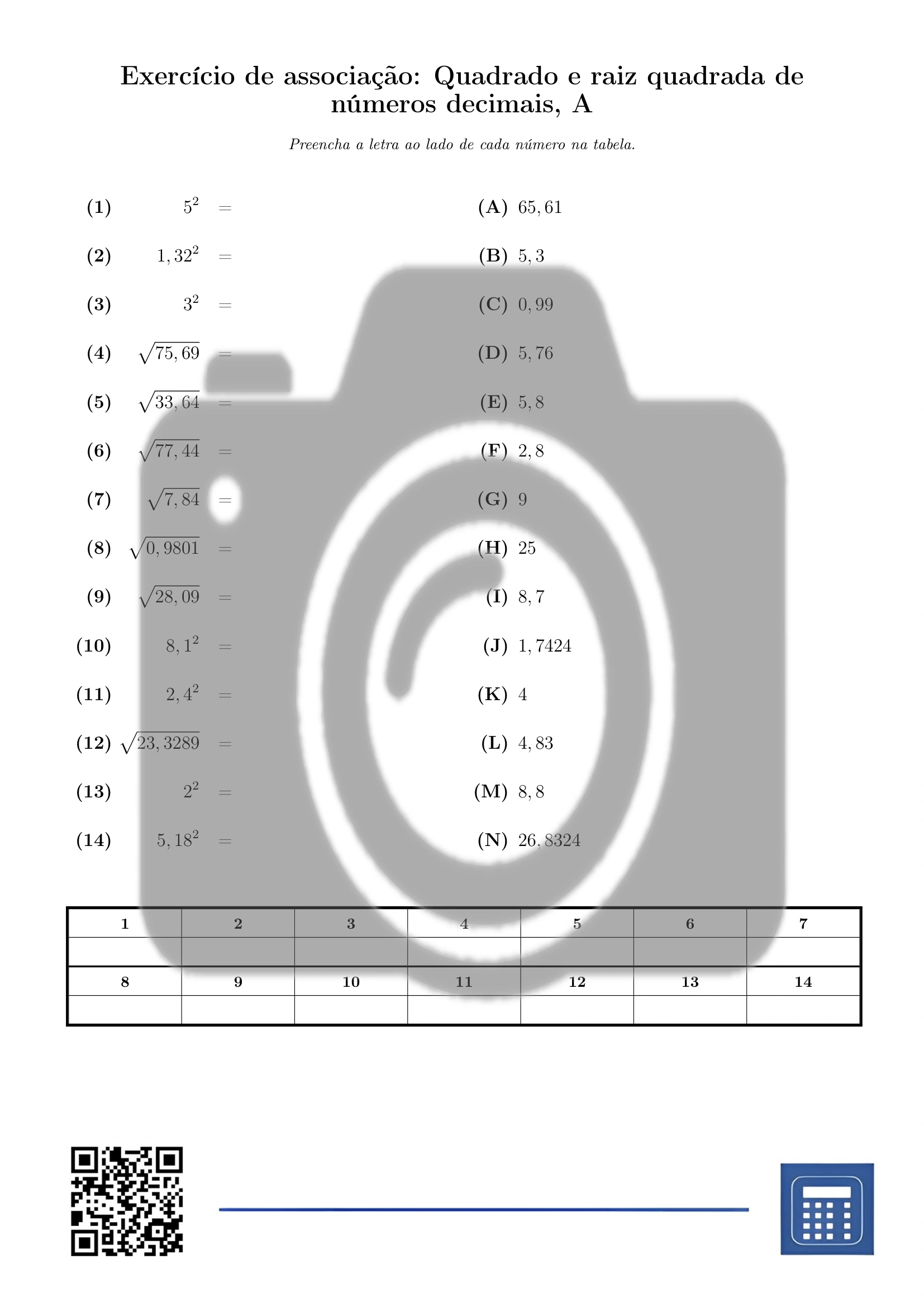 Exercício de associação: Quadrado e raiz quadrada de números decimais - Image 2