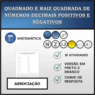 Exercício de associação: Quadrado e raiz quadrada de números decimais positivos e negativos
